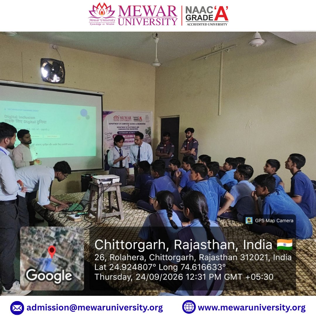 universitymewar's tweet photo. 💻✨The Departments of Computer Science & Engineering and Electronics & Communication Engineering, #MewarUniversity, conducted a #DigitalInclusion Initiative at Shree Sanwaliya Bahuudeshya Divyang School, Chanderiya, Chittorgarh on 24 September 2026.
#TechnologyForAll https://t.co/h34vOuw0sr
