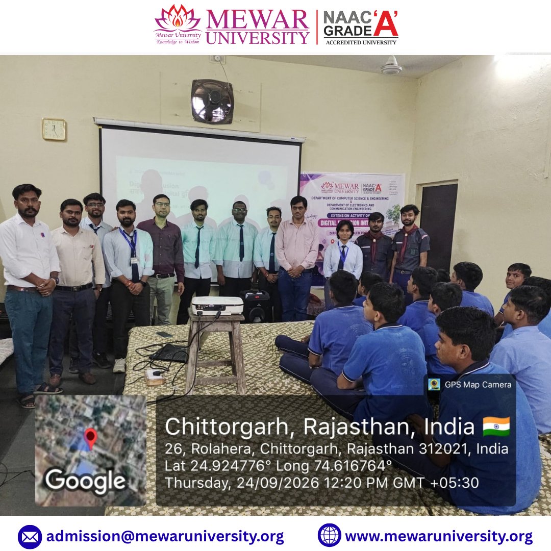 universitymewar's tweet photo. 💻✨The Departments of Computer Science & Engineering and Electronics & Communication Engineering, #MewarUniversity, conducted a #DigitalInclusion Initiative at Shree Sanwaliya Bahuudeshya Divyang School, Chanderiya, Chittorgarh on 24 September 2026.
#TechnologyForAll https://t.co/h34vOuw0sr