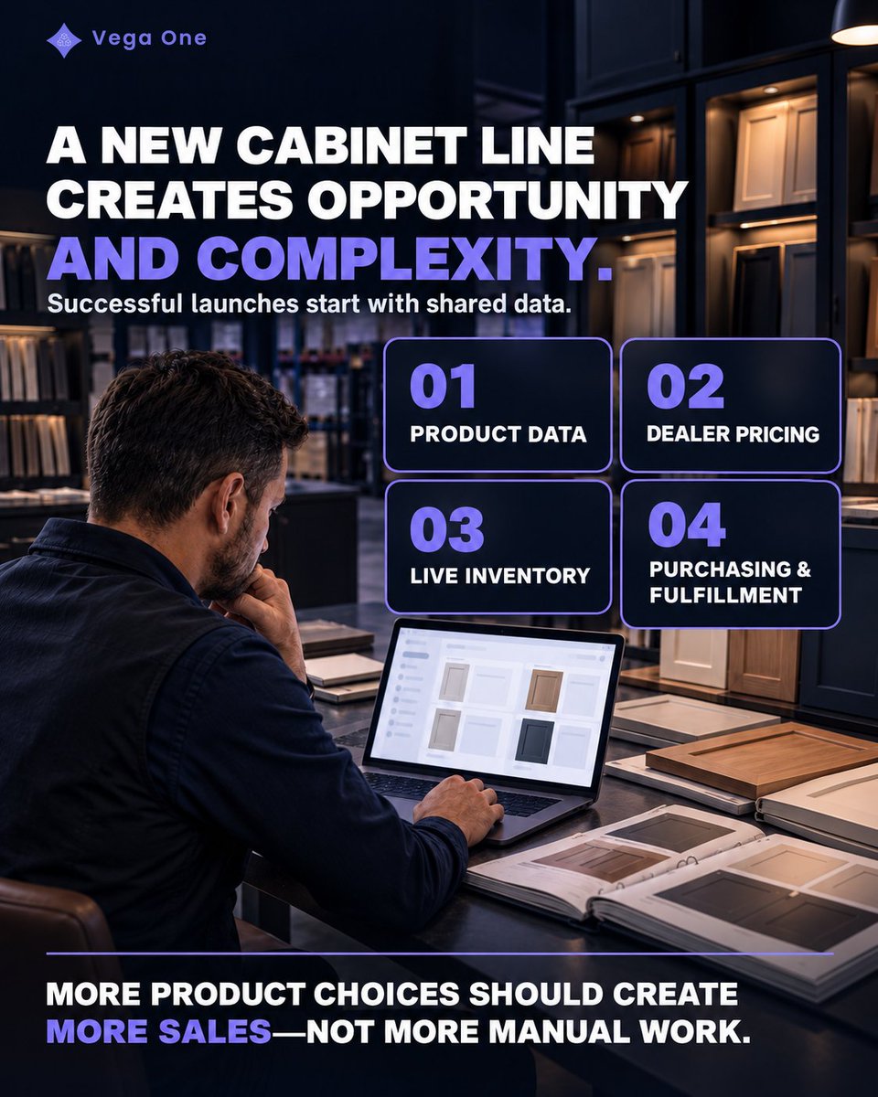 VegaIntegration's tweet photo. YOUR NEW CABINET LINE IS READY. IS YOUR OPERATION?
More SKUs, dealer price lists, samples, and inventory decisions can slow a launch. Vega Integration keeps product data, pricing, inventory, purchasing, and fulfillment aligned.
#CabinetWholesale #VegaOne #VegaIntegration https://t.co/W5xdkZfbyZ