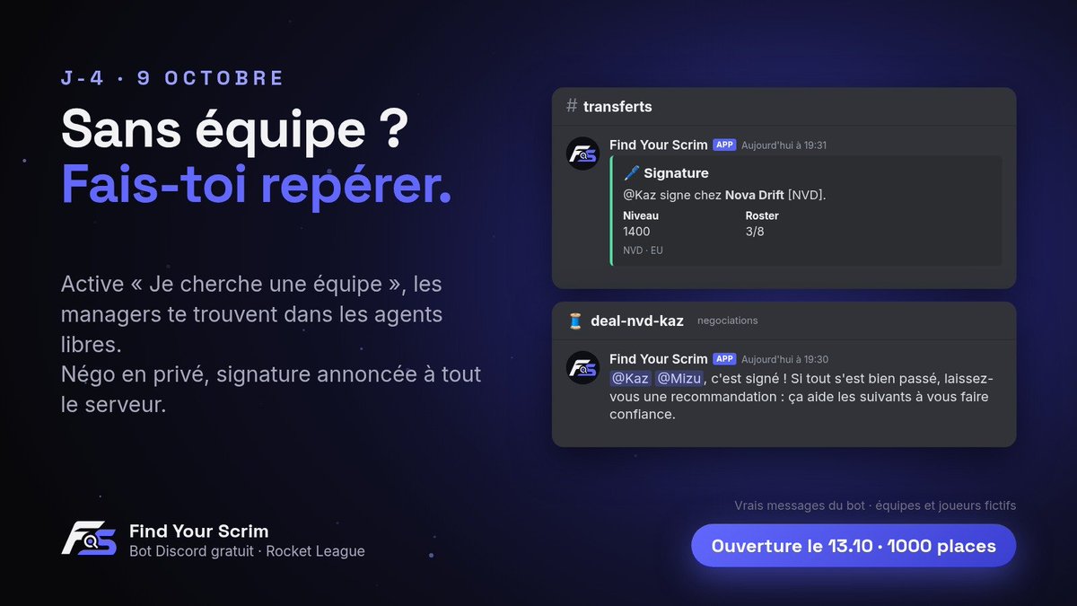 FindYourScrim's tweet photo. Sans équipe ? Fais-toi repérer 🔎

Active « Je cherche une équipe », les managers te trouvent dans les agents libres. Négo en privé, signature annoncée à tout le serveur ✍️

#RocketLeague #Mercato #Scrim #Esport https://t.co/4vXOouVJsg