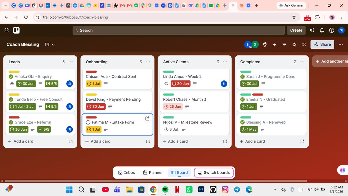 ChrisJoshua_VA's tweet photo. Sample project: a client pipeline board for a coaching business.
Most coaches lose leads after the first message. Fix: every enquiry gets a card with a next action and date.
Want me to set one up for you? DM me.
#VirtualAssistant #Trello #AdminSupport #CoachingBusiness https://t.co/Bdk5Tin4Pe