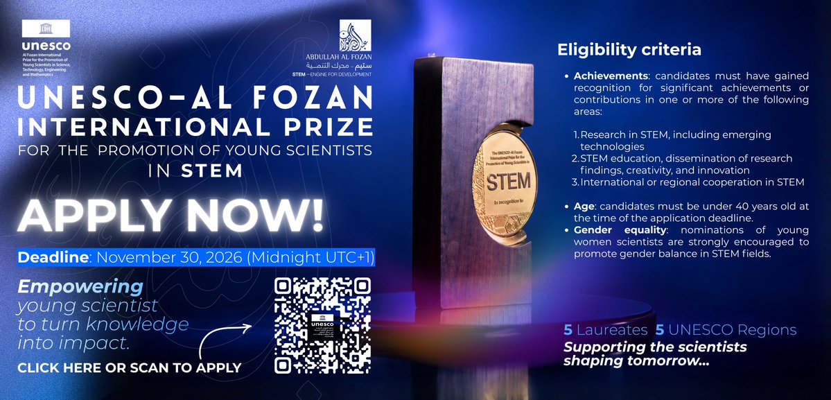 KSAForUNESCO's tweet photo. Empowering young scientists to transform knowledge into long-term impact.

Applications are now open for the UNESCO–Al Fozan International Prize. Deadline: Nov 30, 2026.

#STEM #UNESCO
#SaudiVision2030 https://t.co/K5FZRx1kBa