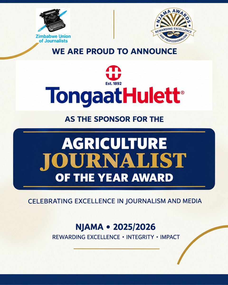 ZUJOfficial's tweet photo. #SPONSORALERT
We are pleased to welcome @TongaatHulett as the sponsor of the Agriculture Journalist of the Year Award. A valued partner of the Zimbabwe Union of Journalists @TongaatHulett continues to support and celebrate excellence in journalism.
#NJAMA2026
#AppreciationPost https://t.co/sQb0TLXtUt