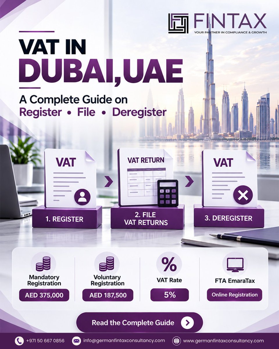 germanfintax's tweet photo. VAT in Dubai, UAE: Register. File. Deregister.
Know the key VAT requirements for your UAE business:
Mandatory registration: AED 375,000
Voluntary registration: AED 187,500
VAT rate: 5%
FTA EmaraTax
Learn More: https://t.co/Bqv21YqzZV
#VATUAE #VATDubai #UAEVAT #TaxInUAE https://t.co/hDsEoy6iDm