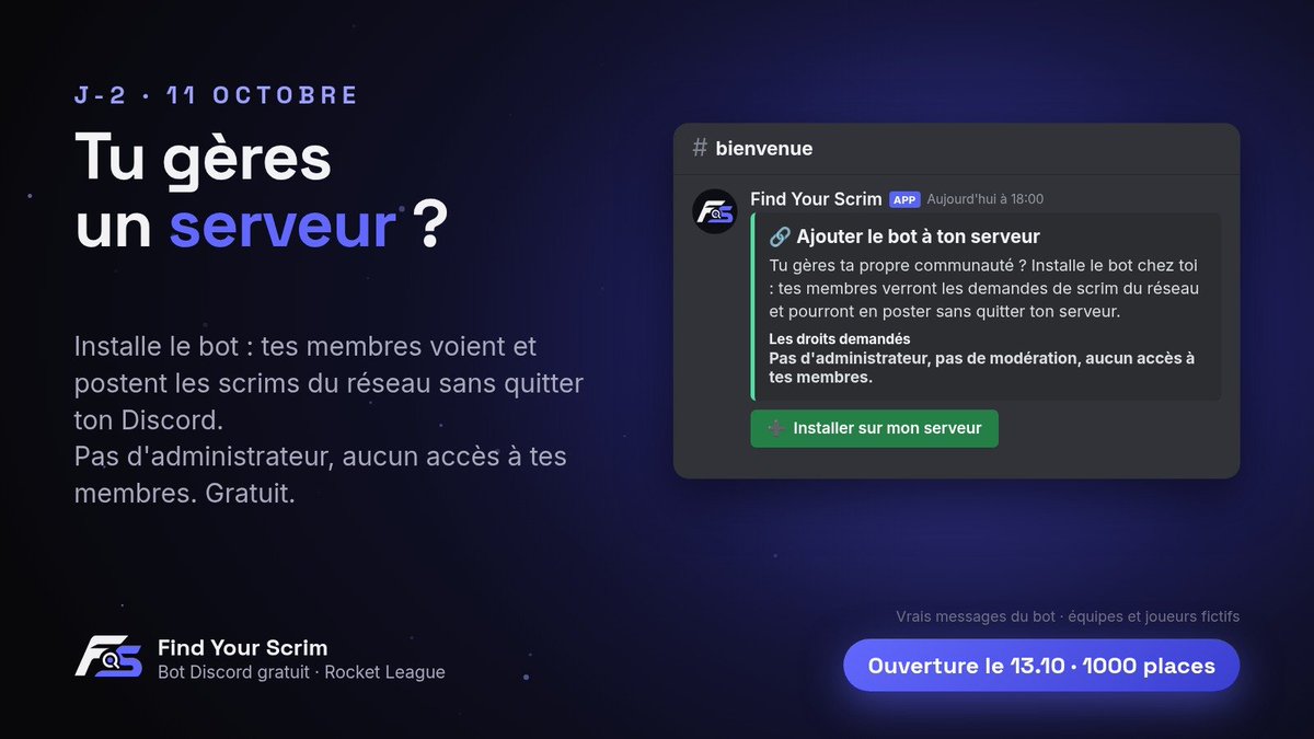 FindYourScrim's tweet photo. Tu gères un serveur de structure ? 👀

Installe le bot : tes membres voient et postent les scrims du réseau sans quitter ton Discord. Pas d'administrateur, aucun accès à tes membres. Gratuit.

#RocketLeague #scrim #esport https://t.co/TsMk2alNIb