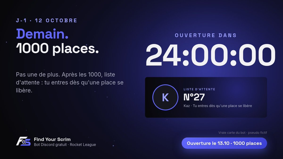 FindYourScrim's tweet photo. Demain. 1000 places. Pas une de plus. 🏅

Après les 1000, liste d'attente : tu entres dès qu'une place se libère.

#RocketLeague #Esport #Scrim https://t.co/VQnOPDz4DQ