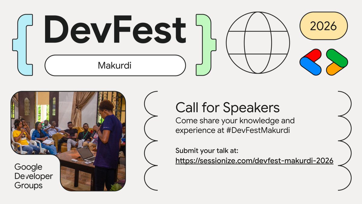 GDGMakurdi's tweet photo. Our call for speakers for #DevFest Makurdi is live. Submit your talk at: https://t.co/31kPSjJ70r https://t.co/bni6gWQO3N