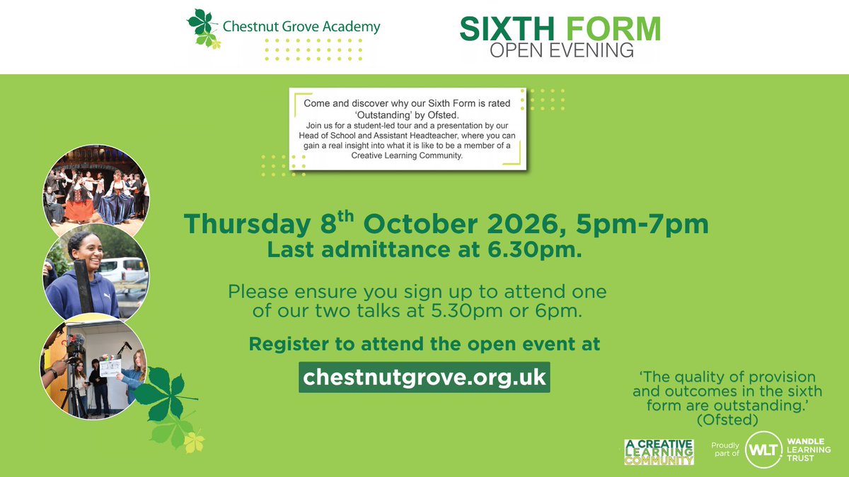 ChestnutGroveA's tweet photo. Considering Sixth Form options for September 2027?

Discover what our outstanding Sixth Form has to offer at our Open Evening.

📅 Thurs 8 October
🕑 5.00-7.00pm

Meet our team, explore our facilities &amp; find out more.

Book your place: https://t.co/QwAquPYPsD

#Balham #SixthForm https://t.co/pTsqdN6szt