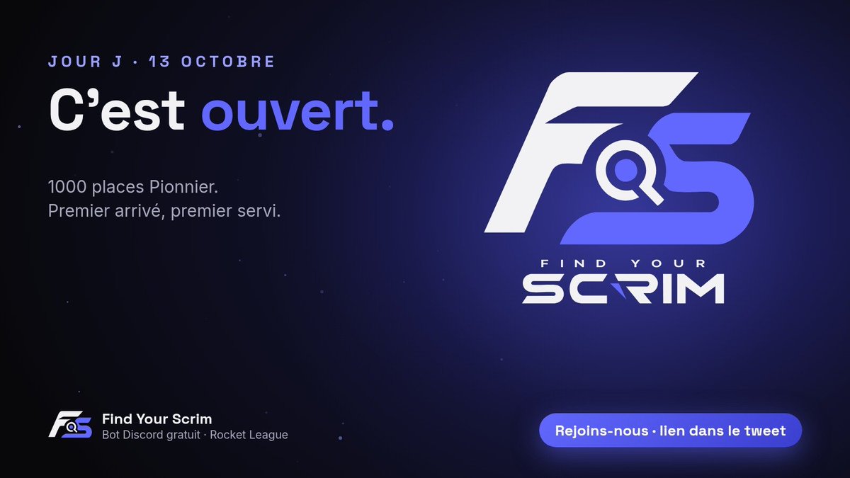 FindYourScrim's tweet photo. C'est ouvert. 🚀

Find Your Scrim accueille ses 1000 Pionniers. Premier arrivé, premier servi.

Rejoins-nous 👉 https://t.co/MDdkqPFnEZ

#RocketLeague #Esport #Scrim https://t.co/AxReR8bU3t