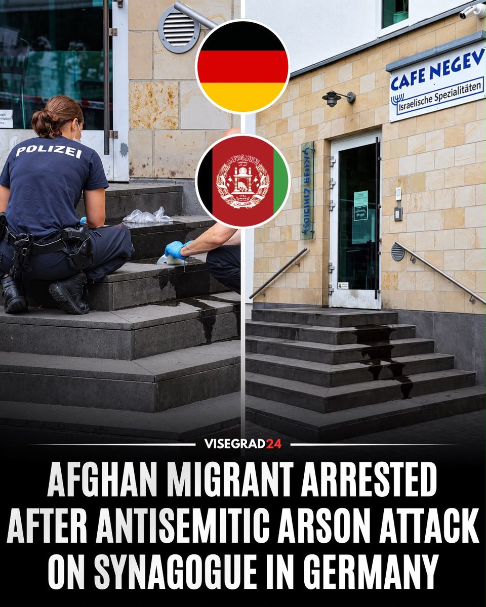 visegrad24's tweet photo. A 37-year-old Afghan national has been arrested after setting fire to an entrance of the Bergische Synagogue in Wuppertal, western Germany, just days before Yom Kippur.

Prosecutors say the man threw containers containing flammable liquid at an entrance serving the synagogue and its adjoining Café Negev before setting a fire.

Josef Schuster, president of the Central Council of Jews in Germany, condemned the attack and warned of a “progressive normalization of hatred of Jews.”

The same Wuppertal synagogue was targeted in a 2014 arson attack carried out by three Palestinians.