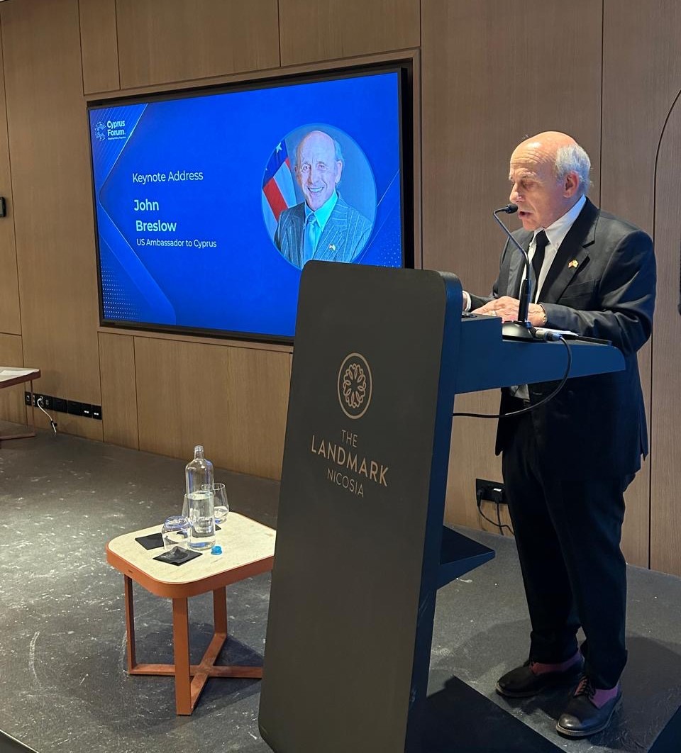 USAmbCy's tweet photo. Honored to deliver the keynote at this year's Cyprus Forum: “America and Cyprus: Strength, Prosperity, and Shared Purpose.” Our partnership is safer, stronger, and more prosperous when we invest in people – the surest way to build our shared future. 🇺🇸🇨🇾 https://t.co/pgdd0KNyFJ