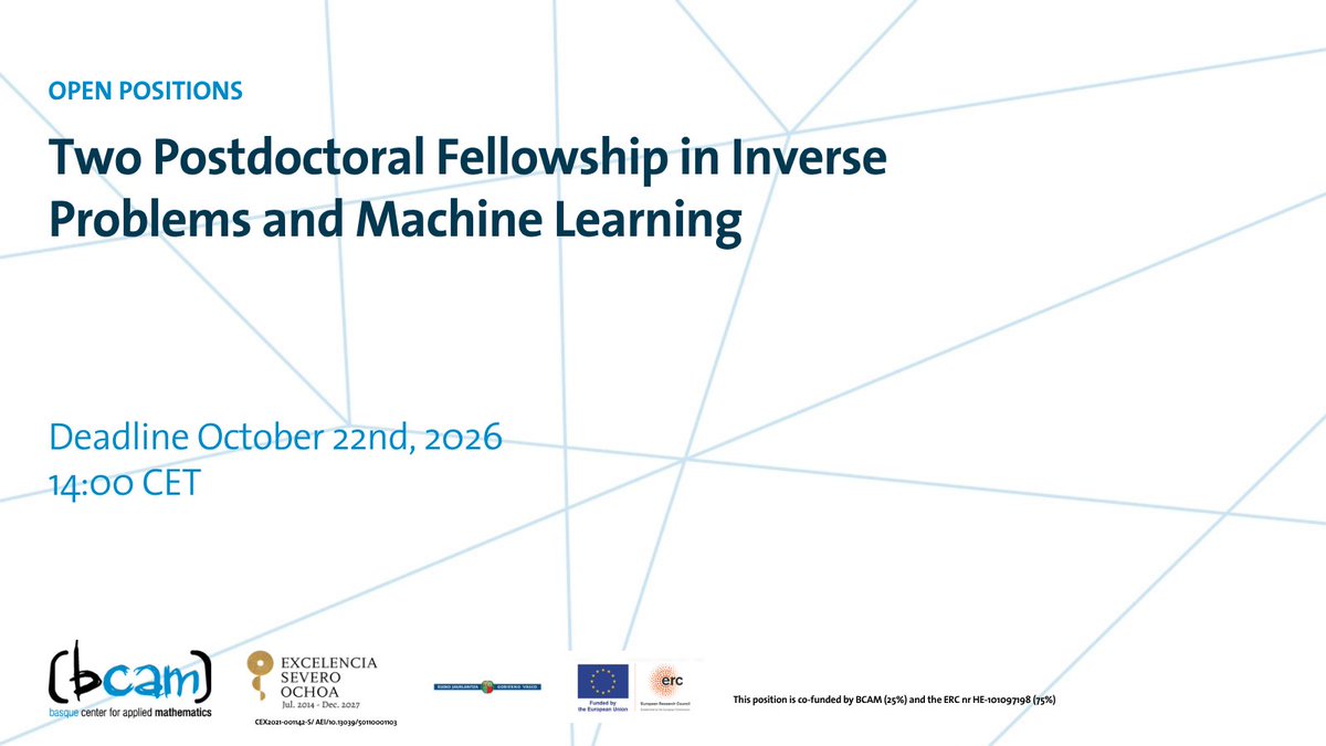 BCAMBilbao's tweet photo. 🔵 📢 Two postdoc positions open at BCAM!
Join Prof. Matti Lassas and Dr Pedro Caro at the BCAM–Helsinki Lab to work on Inverse Problems and Machine Learning.

🇪🇺 Co-funded by BCAM and the ERC
🗓️ Deadline: Oct 22, 14:00 CEST

https://t.co/5AanCPrGSJ https://t.co/9wq6T45Dgr