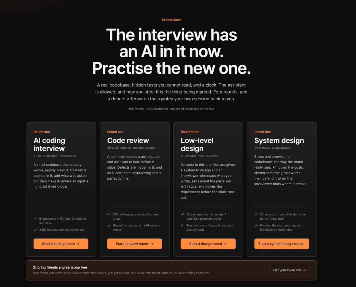 chanikyaindian's tweet photo. This is insane 💀
Just given an AI coding interview on https://t.co/ywc5uOgPhj

Great UI 😍
Peak Labs, codebase, tests 😎
controlled AI Assistant 😕
Simple and Clear interview Report 😀

Respect++ for the entire team @Hiteshdotcom🫡
U will get a lot of B2B offers 😜 @ChaiCodeHQ https://t.co/RCk6EngmtU