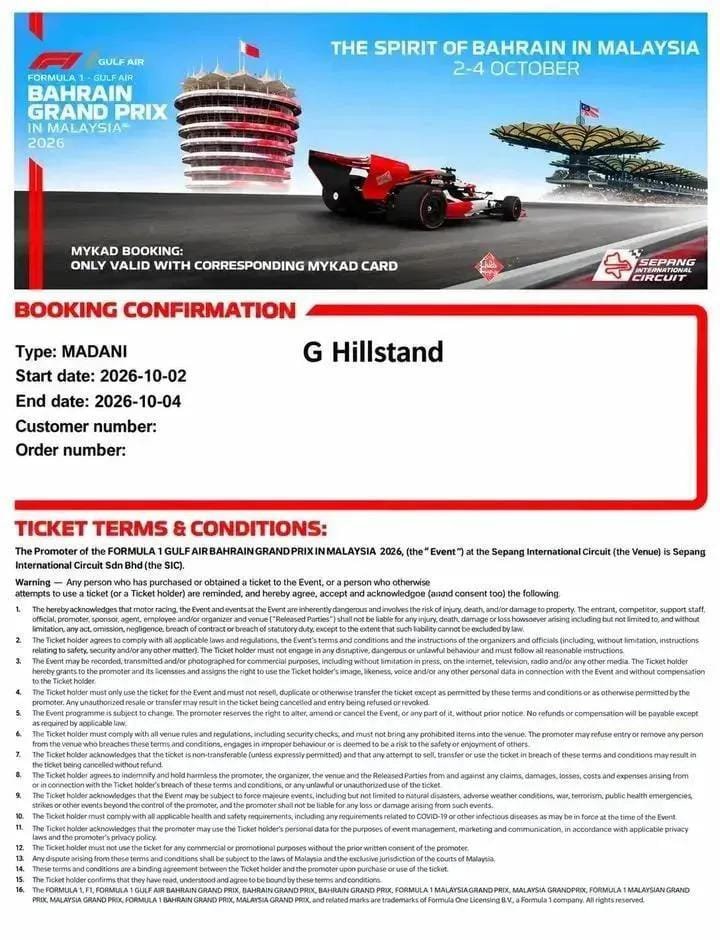 pko3ch's tweet photo. WTS — MALAYSIA F1

G Hillstand — 3 Tickets Available
RM200 each

DM if interested. Serious buyers only.

#MalaysiaF1 #GHillstand #Sepang #F1 https://t.co/KYSiT9At6D
