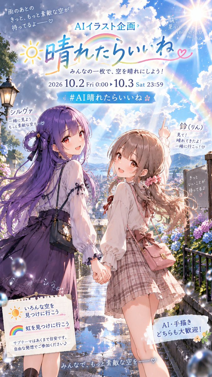 nanatotakutoto's tweet photo. ☀️🌈 AIイラスト企画「晴れたらいいね」🌈☀️

最近、雨の日が続いていますね☔

「そろそろ綺麗な空が見たいな」

そんな気持ちから、初めてのイラスト企画を開催します✨

☀️ みんなの一枚で、空を晴れにしよう！ 🌈

📅【開催期間】

10月2日（金）0:00
　　▼
10月3日（土）23:59

🏷️【企画タグ】

#AI晴れたらいいね

☀️【サブテーマ①】
「いろんな空を見つけに行こう」

澄み渡る青空、朝焼け、夕暮れ、満天の星空……
あなたが見つけた素敵な空を自由に描いてください✨

🌈【サブテーマ②】
「虹を見つけに行こう」

雨上がりの街、海、山、いつもの場所や不思議な世界……
いろんな場所へ素敵な虹を探しに行きましょう♪

🌸【サブテーマについて】

サブテーマはあくまで目安です！

・どちらか一方だけでもOK
・両方への参加もOK
・サブテーマにとらわれない自由な作品もOK

「晴れたらいいね」から自由にイメージした作品で、気軽にご参加ください✨

🌟【参加方法】

・企画タグ「#AI晴れたらいいね」とこの企画ポストを引用して作品を投稿してね😄
・企画タグ＋お好きなタグを1つまで追加OKです
・期間中、何作品でも参加OK

📌【参加前にご確認ください】

・AIイラスト／手描きイラスト、どちらも参加OK
・オリジナルキャラクター／オリジナル作品限定
・版権キャラクター／二次創作作品はNG
・全年齢向け作品でお願いします
・センシティブ／グロテスクな表現はNG
・新作大歓迎✨
・テーマに合っていれば過去作品での参加もOK

初めましての方も、
いつも仲良くしてくださっている方も大歓迎です☀️

難しいルールはありませんので、
ぜひ気軽に遊びに来てください♪

青空、朝焼け、夕暮れ、星空、
そして雨上がりの虹……🌈

みんなで素敵な空をいっぱいにしましょう！

🌸 今回が初めての企画開催となります。

至らない点や分かりにくいところもあるかもしれませんが、
みなさんと一緒に楽しい企画にできたら嬉しいです✨

気になることがありましたら、
お気軽にお声がけください♪

たくさんの素敵な空に出会えるのを楽しみにしています☀️🌇🌌🌈

☀️ みんなの一枚で、空を晴れにしよう！ 🌈