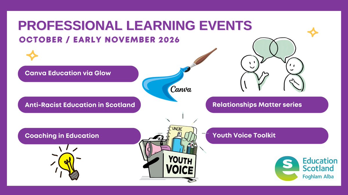 EducationScot's tweet photo. As part of our professional learning offer, we deliver individual webinars and in-person events on a range of relevant topics to support your learning. Take a look at our events webpage to find out what's coming up this Autumn. https://t.co/j7FxWySRzu https://t.co/eYEDVRbcGd