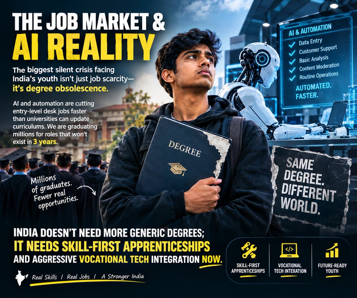 NParth8206's tweet photo. The Job Market &amp; AI Reality🚨 

🇮🇳The biggest silent crisis facing India’s youth isn't just job scarcity❌—it’s degree obsolescence✅

🚨AI and automation are cutting entry-level desk jobs faster than universities can update curriculums https://t.co/lp7GSMBBWu