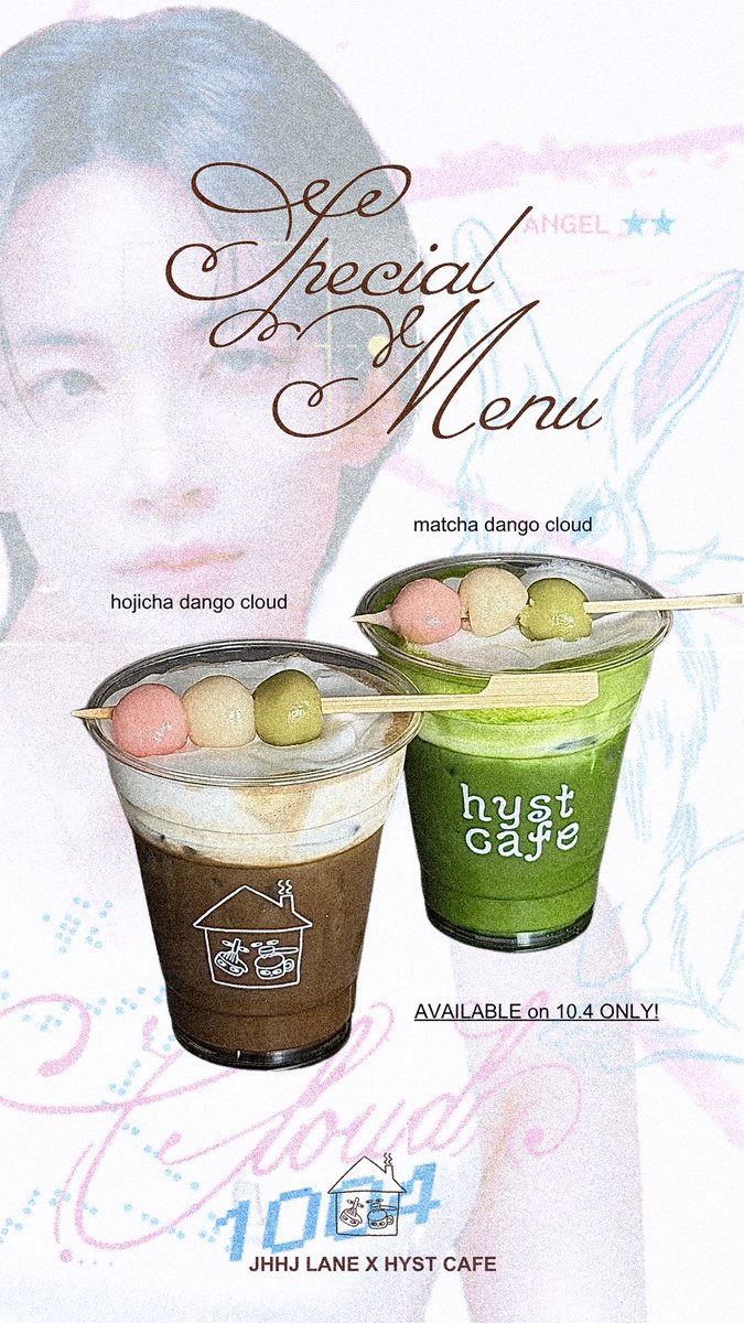 hystcafe's tweet photo. 🐰@jhhj_lane x @hystcafe ☁️🍡

presenting our special menu this october 4 ! 

🍡 hojicha dango cloud 
🍡 matcha dango cloud 

+ as our special treat — all drinks that has sea salt cream will turn 🌸 PINK 🌸to match the event's energy! 

we cant wait to see you & remember these are all limited!  😉🍵