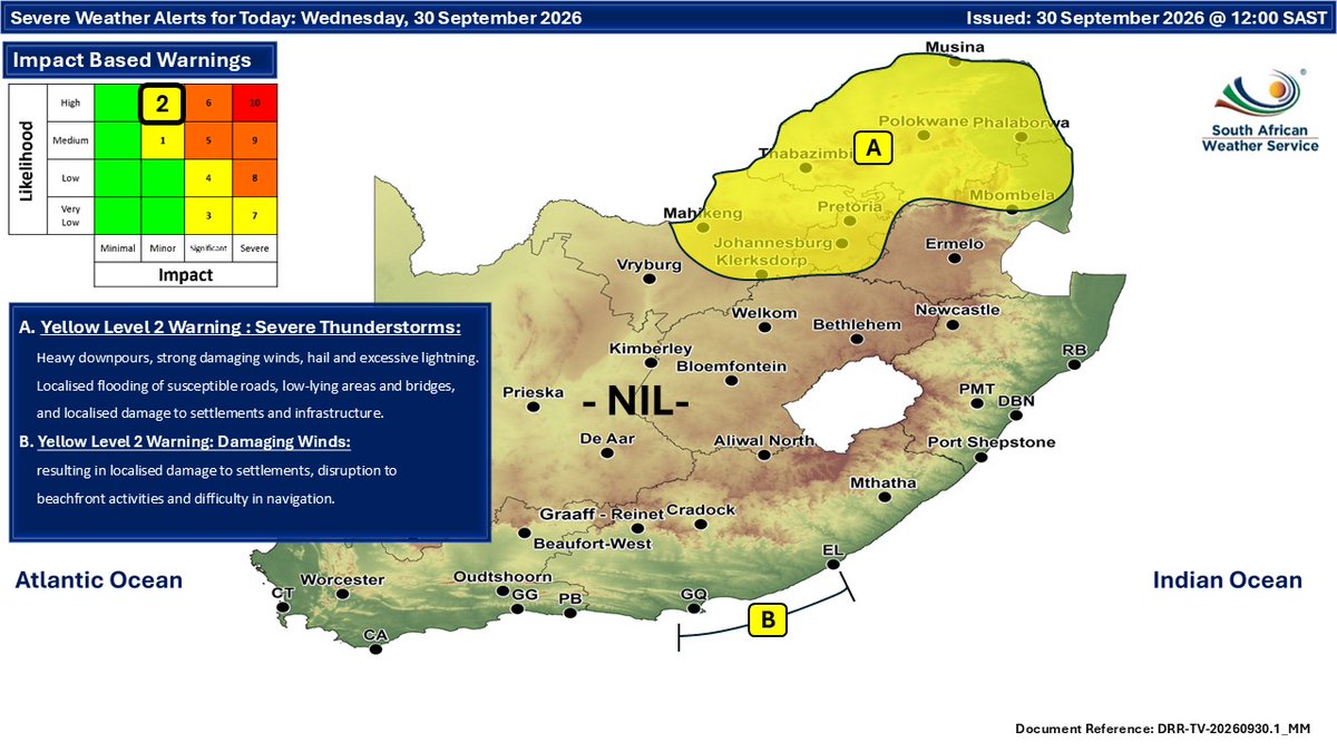 SAWeatherServic's tweet photo. Weather forecast for today and tomorrow, 30 September 2026 - 01 October 2026: 
Fine and warm in the south and west but cloudy and cool to cold with isolated to scattered showers and thundershowers in the north and north-east.
#saws #weatheroutlook #spring #Warning https://t.co/eONHqrNEEH