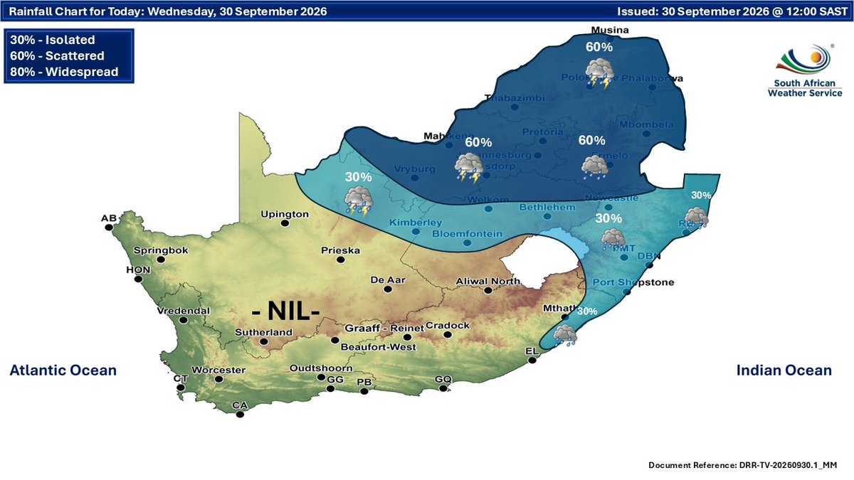 SAWeatherServic's tweet photo. Weather forecast for today and tomorrow, 30 September 2026 - 01 October 2026: 
Fine and warm in the south and west but cloudy and cool to cold with isolated to scattered showers and thundershowers in the north and north-east.
#saws #weatheroutlook #spring #Warning https://t.co/eONHqrNEEH