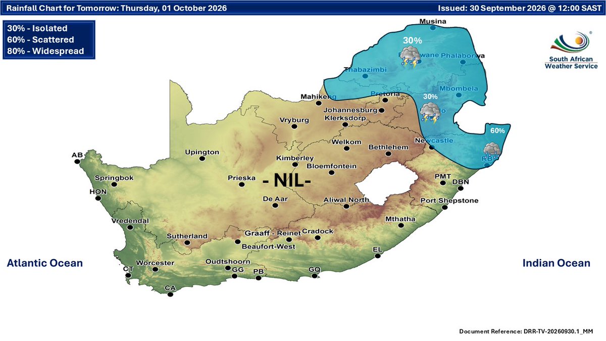SAWeatherServic's tweet photo. Weather forecast for today and tomorrow, 30 September 2026 - 01 October 2026: 
Fine and warm in the south and west but cloudy and cool to cold with isolated to scattered showers and thundershowers in the north and north-east.
#saws #weatheroutlook #spring #Warning https://t.co/eONHqrNEEH