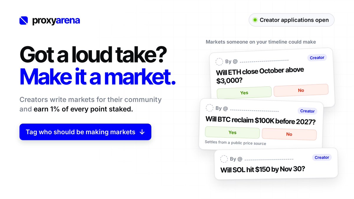 proxyarena's tweet photo. Which account on your timeline has the loudest takes?

tag them 👇 they should be making markets! https://t.co/I31UvOmv7Y