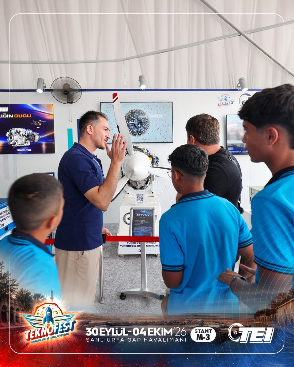 TEI_TUSAS's tweet photo. Millî havacılık motorlarımızla #TEKNOFEST’teyiz! 🚀

30 Eylül - 4 Ekim tarihleri boyunca TEKNOFEST heyecanını birlikte yaşamak, teknoloji ve havacılık meraklılarıyla buluşmak için Şanlıurfa'dayız!

📍 Şanlıurfa GAP Havalimanı
📌 Stant: M-3

#TEI #GücünKaynağı https://t.co/ar5TU84smX