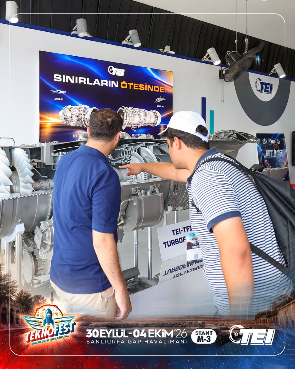 TEI_TUSAS's tweet photo. Millî havacılık motorlarımızla #TEKNOFEST’teyiz! 🚀

30 Eylül - 4 Ekim tarihleri boyunca TEKNOFEST heyecanını birlikte yaşamak, teknoloji ve havacılık meraklılarıyla buluşmak için Şanlıurfa'dayız!

📍 Şanlıurfa GAP Havalimanı
📌 Stant: M-3

#TEI #GücünKaynağı https://t.co/ar5TU84smX