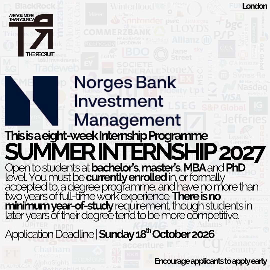 TheR3cruit's tweet photo. 🚨2027 SUMMER INTERNSHIP ALERT🚨
https://t.co/KKQSmiCzrG
#workexperience #bachelorsdegree #internships #undergraduates #summerinternship #masters #phd #university #hireblack #underrepresented #diversity #industryinsight #unistudent #investmentbanking #financialservices https://t.co/u7PK3itWe5