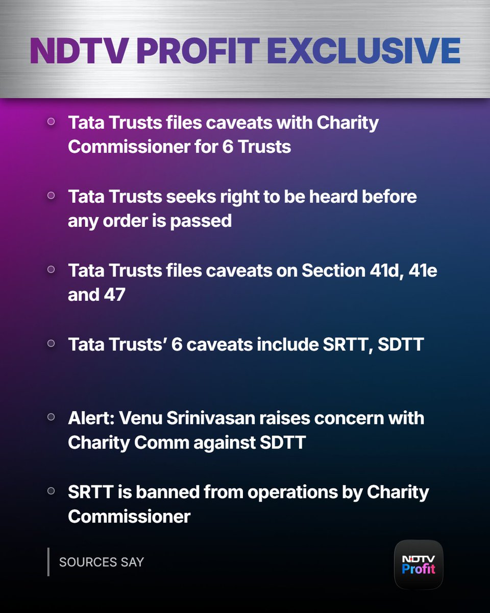 NDTVProfit's tweet photo. Tata Trusts files caveats with Charity Commissioner for 6 Trusts after Venu Srinivasan's letter, Sources Say
@PoddarNisha https://t.co/tGHAvIKu4V