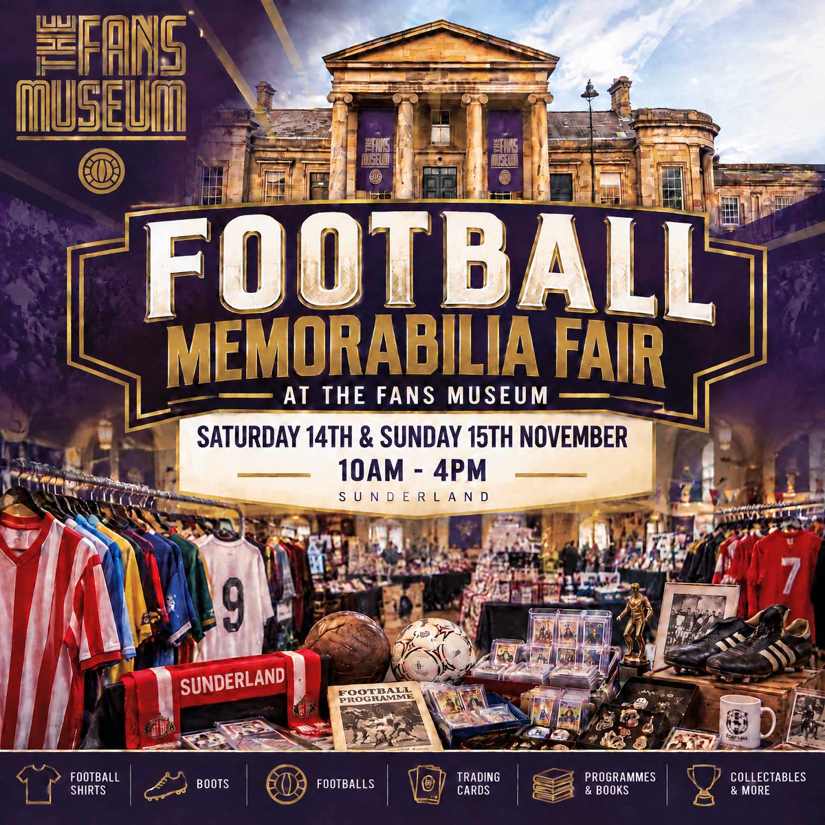 FansMuseum's tweet photo. ⚽ FOOTBALL MEMORABILIA FAIR! ⚽

Join us at The Fans Museum, Sunderland on 14th–15th November!

👕 Retro shirts
📚 Books
🃏 Trading cards
🏆 Rare memorabilia
🎁 Perfect Christmas gifts!

Are you a seller? Stalls are available!

https://t.co/d87wFbRV4S https://t.co/KiY1T4oyqj