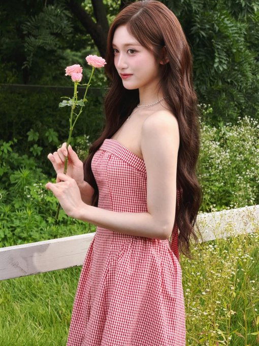 A young woman with long, flowing brown hair poses in a garden while holding pink carnations, wearing a red and white gingham strapless dress and a delicate pearl necklace. The serene outdoor setting and her soft gaze capture the charming aesthetic of Leeseo's Instagram update.