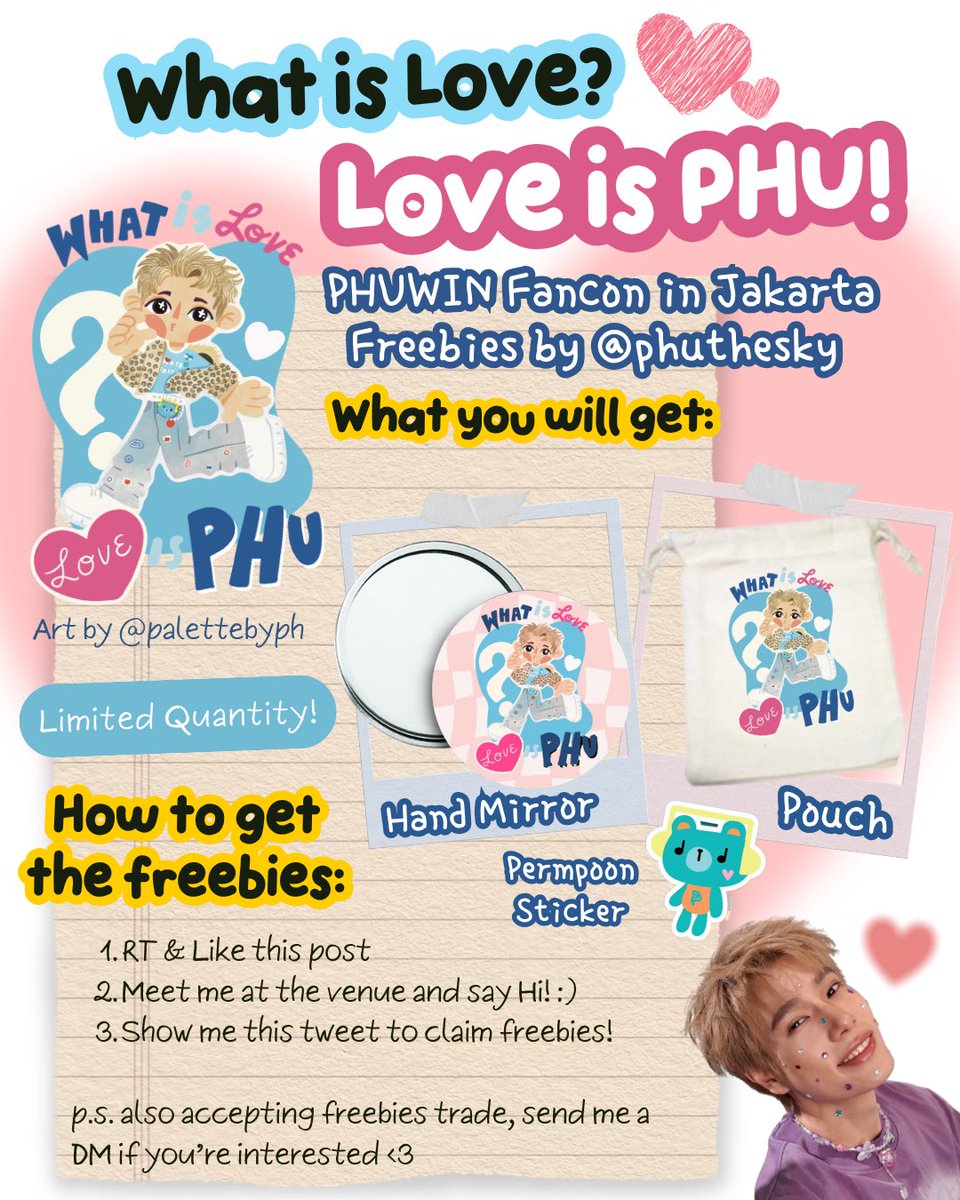 phuthesky's tweet photo. ⋆.𐙚 ̊ What is 𝗟𝗼𝘃𝗲? Love is 𝙋𝙃𝙐 𓊆ྀི❤︎𓊇ྀི

Phuwin 1st Fancon in Indonesia
freebies by @phuthesky <𝟑 .ᐟ

𑣲𝄞 hand mirror
𑣲𝄞 pouch
𑣲𝄞 sticker
— art by @palettebyph ₍ᐢ..ᐢ₎♡

📍Balai Kartini, 03/10/2026

see u! 🐼🤍

#2026Phuwin1stFanconinIndonesia
#phuwintang https://t.co/6poYtuR8dr