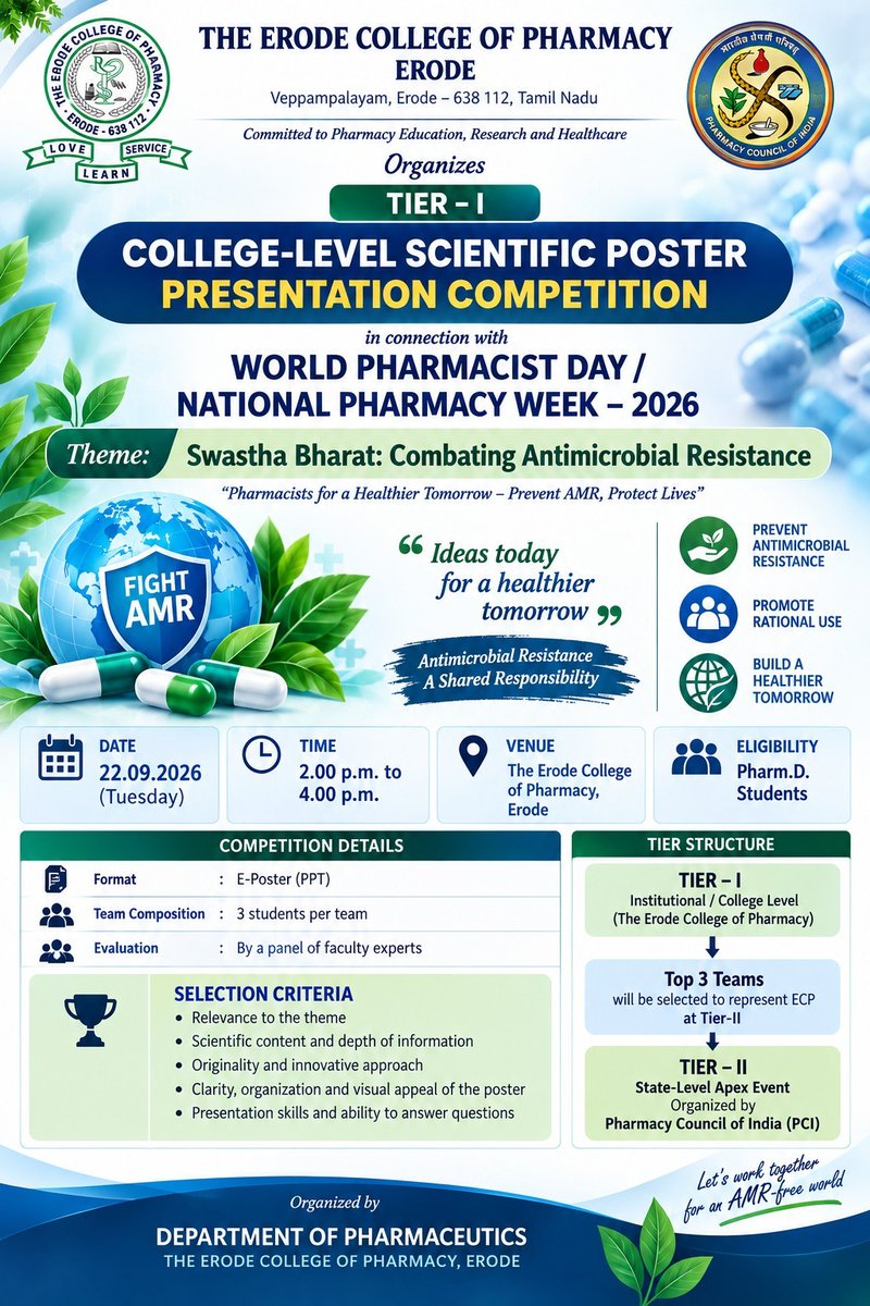 ecperode's tweet photo. 🌿💊 Scientific E-Poster Competition Successfully Completed! 💊🌿

As part of World Pharmacist Day / National Pharmacy Week 2026, ECP conducted the Tier-I Scientific E-Poster Competition on “Swastha Bharat: Combating Antimicrobial Resistance” on 22.09.2026. 🎓🔬 https://t.co/Xivx9JUGgT