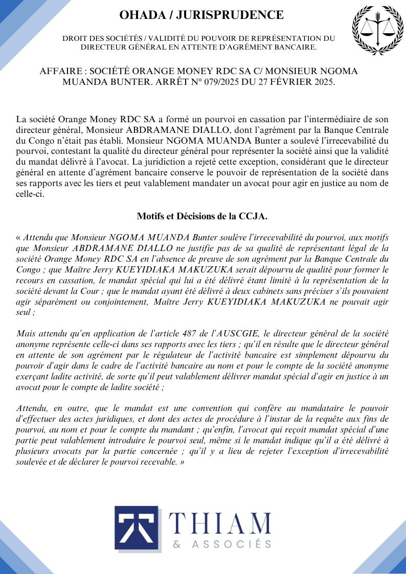 ThiamAssocies's tweet photo. 📌 OHADA – Droit des sociétés / Représentation du directeur général

📆 CCJA, Arrêt n°079/2025 du 27 février 2025 https://t.co/S4BhfU6WX8