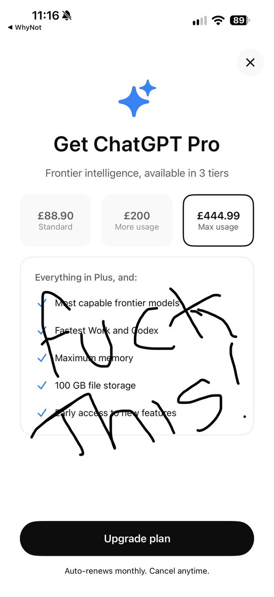 thetokengeek's tweet photo. @OpenAI Thanks for completely destroying my trust in your company. Cancelling my Codex 200x and sticking with my 200x Anthropic plan! https://t.co/5dE5sp8e8F