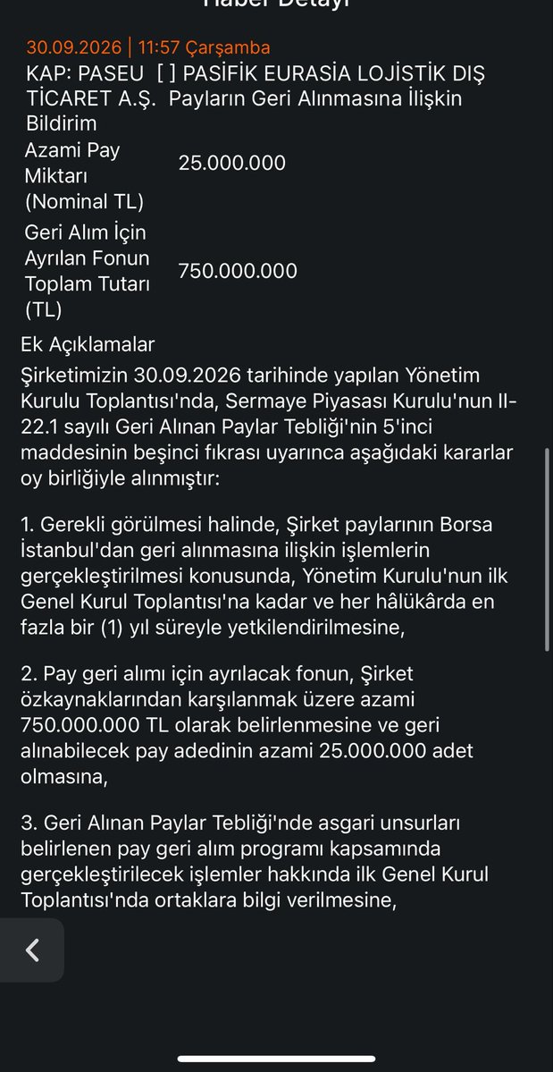 VardarTrader's tweet photo. #PASEU ANLIK TABANDA 25M lot geri alım açıkladı 

Dolaşımdaki pay 69m https://t.co/gFGDSQfdNV