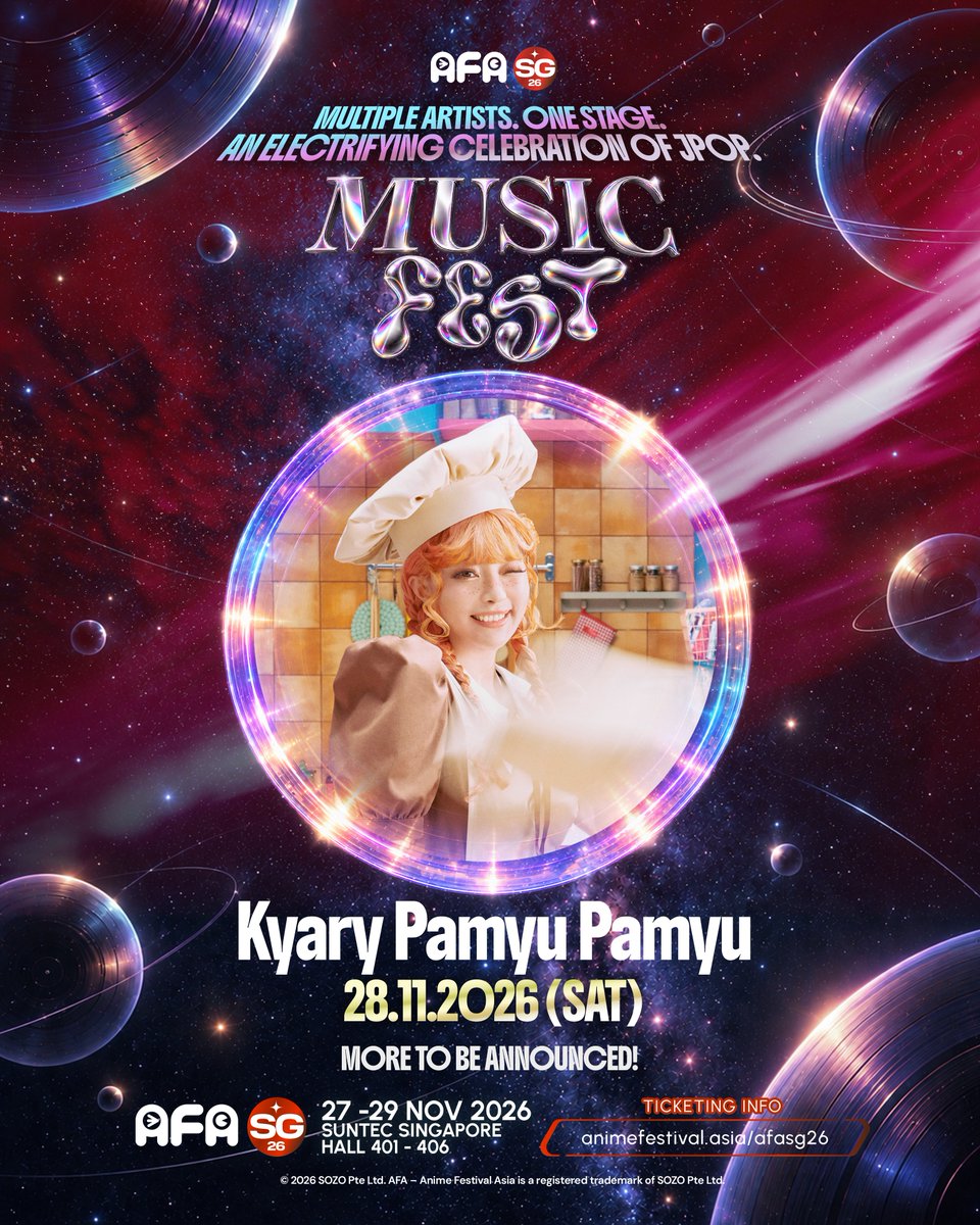 animefestasia's tweet photo. #AFASG26 SINGAPORE, GET READY! ✨

Kyary Pamyu Pamyu @pamyurin joins AFA Music Fest on Sat, 28 Nov 2026!
Her first time on the AFASG stage!

🎟️ Early Bird CAT 1 on sale: https://t.co/9S7dqcf84Y

AFA SG 2026 | 27-29 Nov 2026

#AnimeFestivalAsia #KyaryPamyuPamyu #AFAMusicFest #JPop https://t.co/0X3IB1etrU