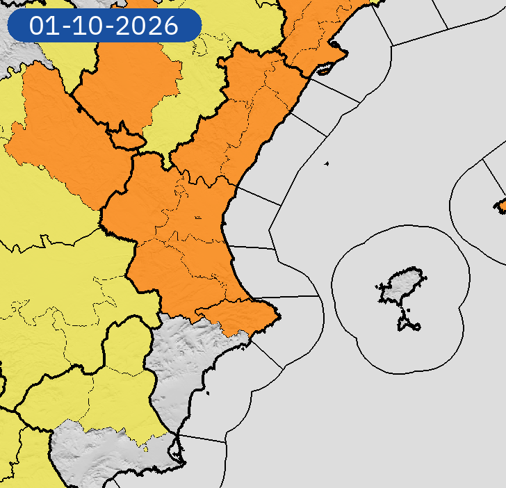 AEMET_CValencia's tweet photo. 30/09 12:24 AVISOS HOY Y MAÑANA | Comunitat Valenciana: tormentas y lluvias. Nivel máximo de aviso: naranja.
Actualizaciones en https://t.co/R3Fs2JzKgr https://t.co/ATMHAOmfE0