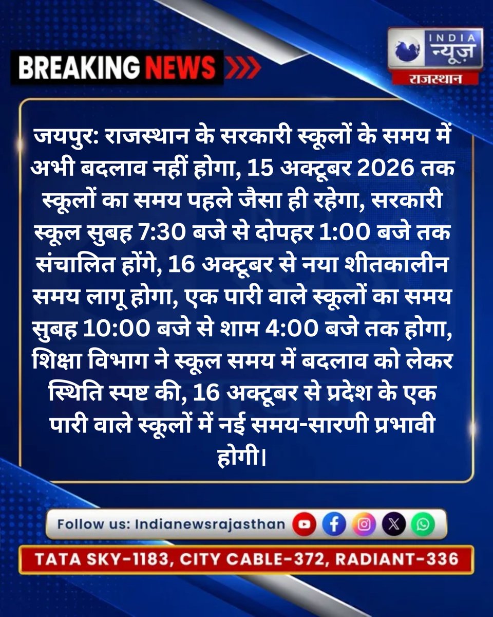 raj_indianews's tweet photo. 15 अक्टूबर तक पुराना समय, 16 से नया शीतकालीन समय

@RajEducationJpr  @DIPRRajasthan @RajGovOfficial @prashanty030 
#Rajasthan #SchoolTiming #GovernmentSchool #EducationDepartment #WinterTiming https://t.co/CfeguqWXe1