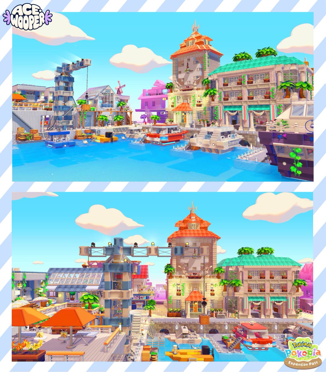 AceWooper's tweet photo. I expanded the Waterfront in Bleak Beach 🌴   

I added a Coastal Maintenance Station 🏗️ a Town Hall/Clock Tower 🏛️ a Seaside Restaurant 🍽️

Inspirations from these amazing creators:
@mayu_mori25 + @May_orangeto + @kuroi_wioru 

#Pokemon #Pokopia #PokopiaBuild #PokopiaDLC https://t.co/Hwh2sW3GlG