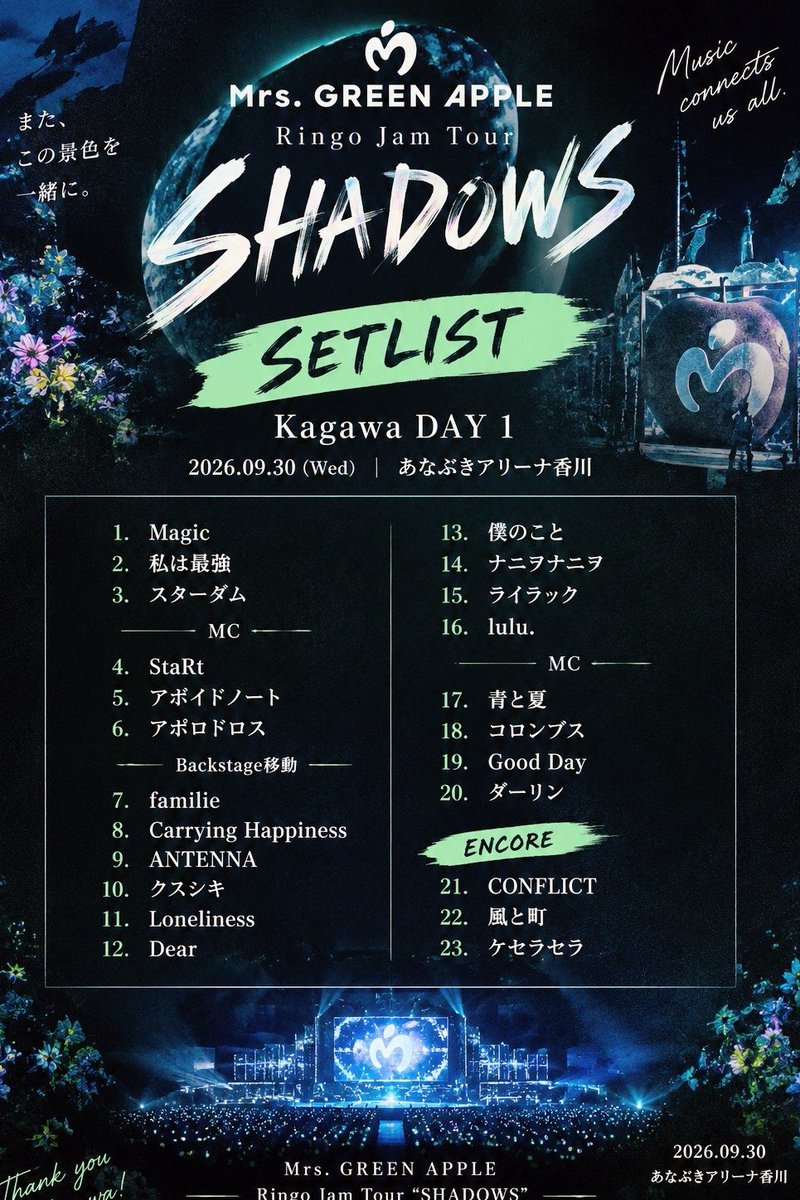 GreenApplexFan's tweet photo. 🍏 Mrs. GREEN APPLE Ringo Jam Tour “SHADOWS”

🎤 Kagawa DAY 1｜23曲セットリスト！🔥
「Ringo Jam Tour “SHADOWS”」Kagawa DAY 1 の23曲セットリストが話題に！😘

🔗 ライブ配信／リプレイ📸
➡️ https://t.co/GR2sUmdkiD 

#MrsGREENAPPLE #RingoJam #SHADOWS

【香川1DAYS開幕‼️】🍏 https://t.co/iEvJx1F3kU