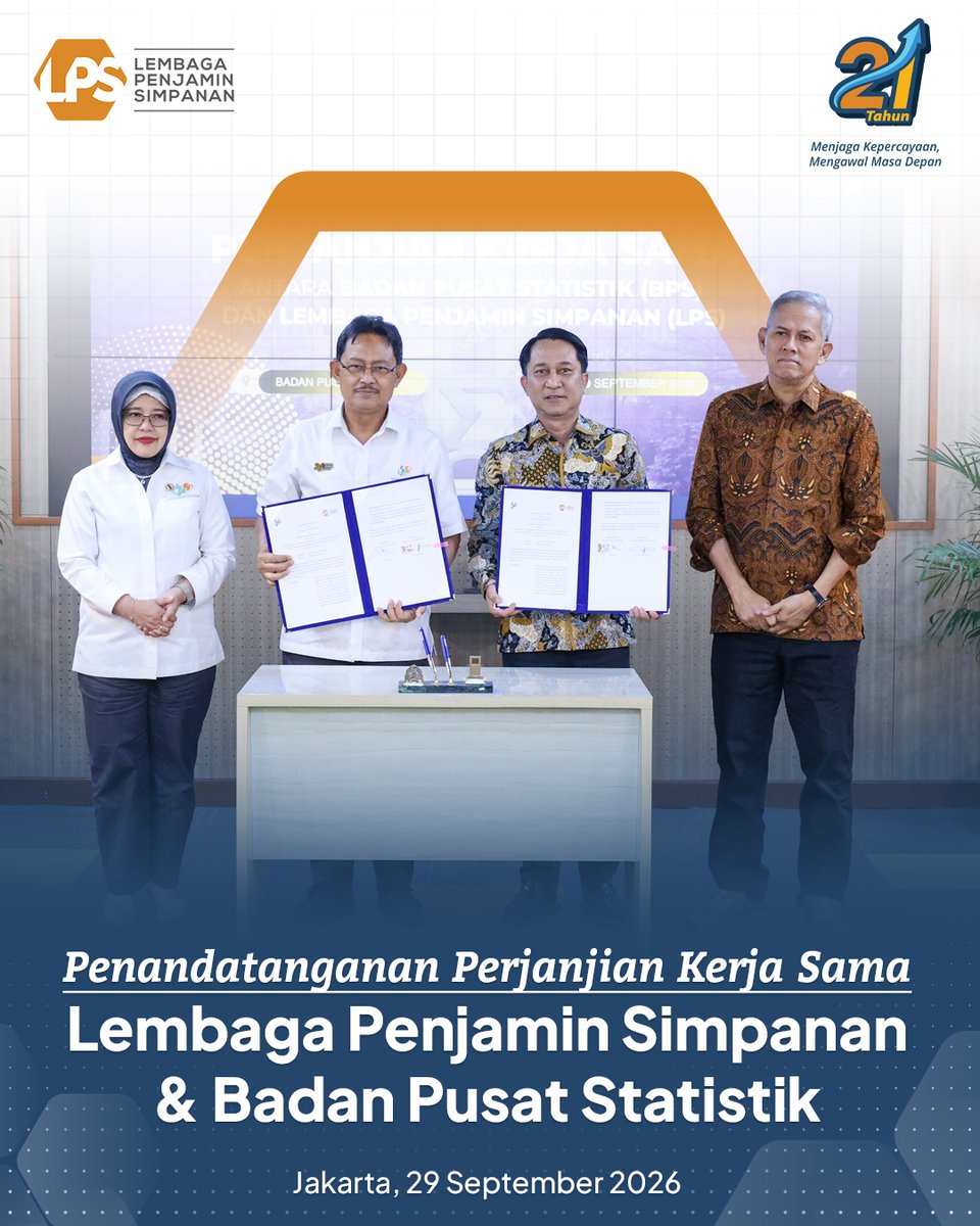 lps_idic's tweet photo. Sahabat LPS, pada tanggal 29 September 2026 telah dilaksanakan penandatanganan Perjanjian Kerja Sama (PKS) antara Lembaga Penjamin Simpanan (LPS) dan Badan Pusat Statistik (BPS).

Penandatanganan tersebut dilakukan untuk mensinergikan data antara kedua lembaga agar menghasilkan data terpadu yang lebih akurat.

Kerja sama ini menjadi langkah strategis untuk memperkuat sinergi dalam mendukung ketersediaan data yang berkualitas bagi pelaksanaan tugas dan pengambilan kebijakan.

Penandatanganan PKS dilakukan oleh Bapak K.M. Nuruddin selaku Direktur Eksekutif Kesekretariatan dan Hubungan Lembaga LPS dan Bapak Zulkipli selaku Sekretaris Utama BPS yang disaksikan langsung oleh Bapak Anggito Abimanyu, Ketua Dewan Komisioner LPS dan Ibu Amalia Adininggar Widyasanti, Kepala BPS.

#LPSIndonesia #AyoNabungdiBank #AmanAdaLPS #SahabatNasabahIndonesia