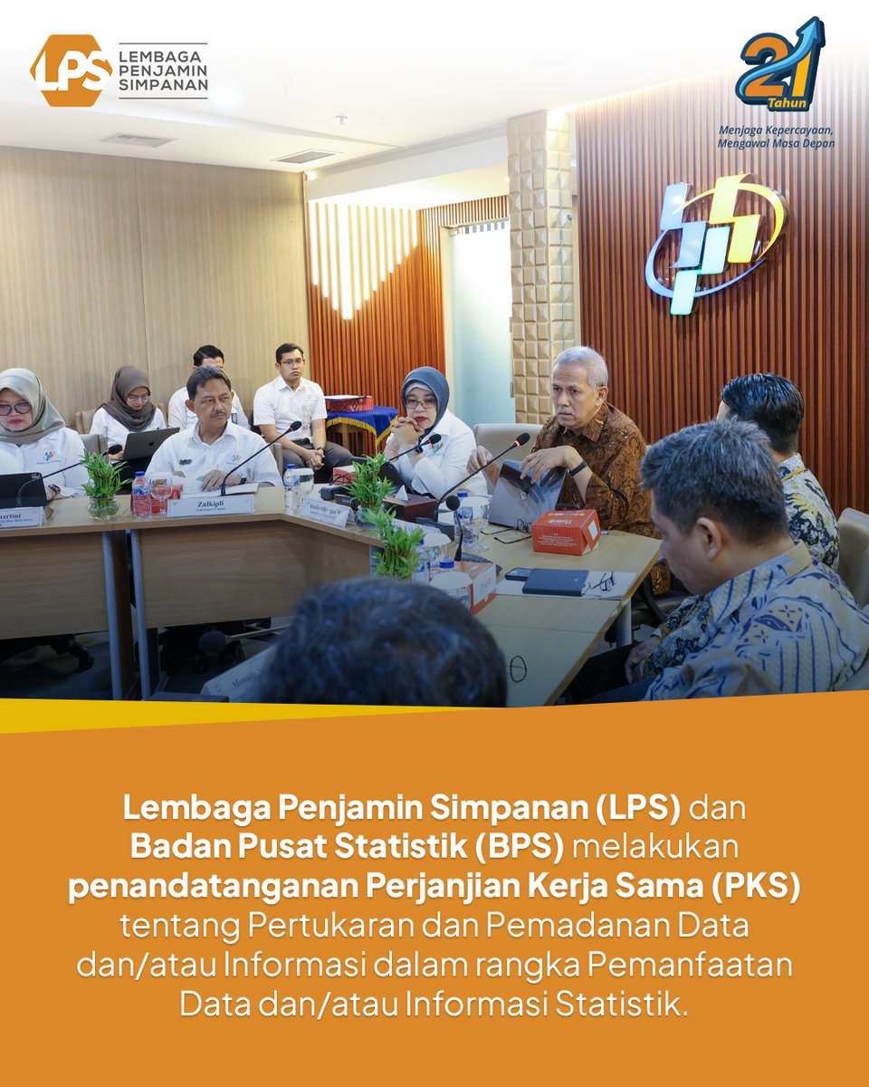 lps_idic's tweet photo. Sahabat LPS, pada tanggal 29 September 2026 telah dilaksanakan penandatanganan Perjanjian Kerja Sama (PKS) antara Lembaga Penjamin Simpanan (LPS) dan Badan Pusat Statistik (BPS).

Penandatanganan tersebut dilakukan untuk mensinergikan data antara kedua lembaga agar menghasilkan data terpadu yang lebih akurat.

Kerja sama ini menjadi langkah strategis untuk memperkuat sinergi dalam mendukung ketersediaan data yang berkualitas bagi pelaksanaan tugas dan pengambilan kebijakan.

Penandatanganan PKS dilakukan oleh Bapak K.M. Nuruddin selaku Direktur Eksekutif Kesekretariatan dan Hubungan Lembaga LPS dan Bapak Zulkipli selaku Sekretaris Utama BPS yang disaksikan langsung oleh Bapak Anggito Abimanyu, Ketua Dewan Komisioner LPS dan Ibu Amalia Adininggar Widyasanti, Kepala BPS.

#LPSIndonesia #AyoNabungdiBank #AmanAdaLPS #SahabatNasabahIndonesia