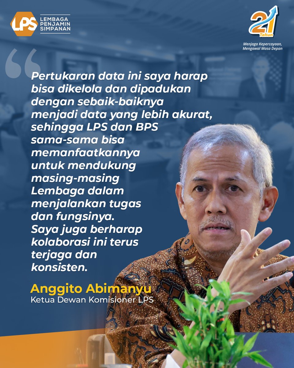 lps_idic's tweet photo. Sahabat LPS, pada tanggal 29 September 2026 telah dilaksanakan penandatanganan Perjanjian Kerja Sama (PKS) antara Lembaga Penjamin Simpanan (LPS) dan Badan Pusat Statistik (BPS).

Penandatanganan tersebut dilakukan untuk mensinergikan data antara kedua lembaga agar menghasilkan data terpadu yang lebih akurat.

Kerja sama ini menjadi langkah strategis untuk memperkuat sinergi dalam mendukung ketersediaan data yang berkualitas bagi pelaksanaan tugas dan pengambilan kebijakan.

Penandatanganan PKS dilakukan oleh Bapak K.M. Nuruddin selaku Direktur Eksekutif Kesekretariatan dan Hubungan Lembaga LPS dan Bapak Zulkipli selaku Sekretaris Utama BPS yang disaksikan langsung oleh Bapak Anggito Abimanyu, Ketua Dewan Komisioner LPS dan Ibu Amalia Adininggar Widyasanti, Kepala BPS.

#LPSIndonesia #AyoNabungdiBank #AmanAdaLPS #SahabatNasabahIndonesia