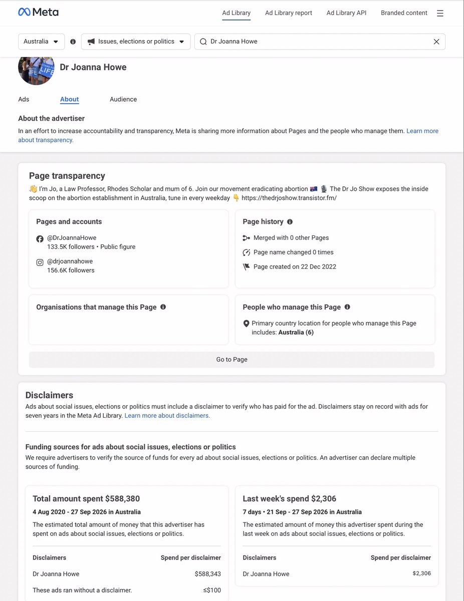 DaisyIsStarDust's tweet photo. Dr Joanna Howe spent $61.8K on Meta ads in 90 days & $588,343 since 2020…that’s before other marketing. Who’s funding it? Anthony Whealy KC called for her SA election spending declarations to be investigated. Who’s paying to influence our elections? https://t.co/F3Znov2zwy