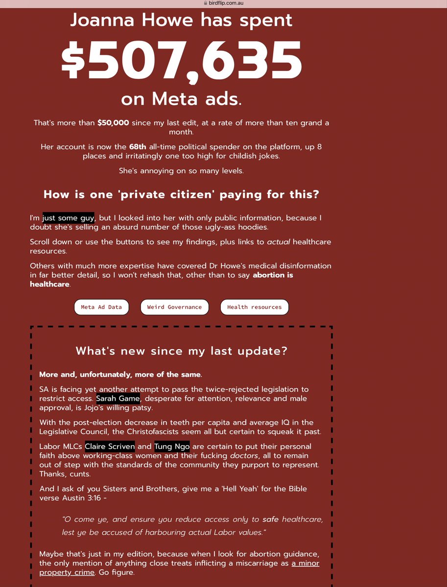 DaisyIsStarDust's tweet photo. Dr Joanna Howe spent $61.8K on Meta ads in 90 days & $588,343 since 2020…that’s before other marketing. Who’s funding it? Anthony Whealy KC called for her SA election spending declarations to be investigated. Who’s paying to influence our elections? https://t.co/F3Znov2zwy