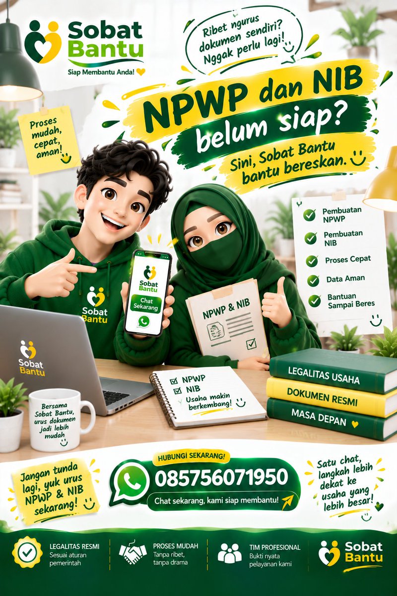 SobatBantu's tweet photo. Jasa Pembuatan NPWP &amp; NIB — Sobat Bantu siap bantu sampai beres!

📲 085756071950
Chat sekarang, kami bantu prosesnya! https://t.co/04EnAYyxxw