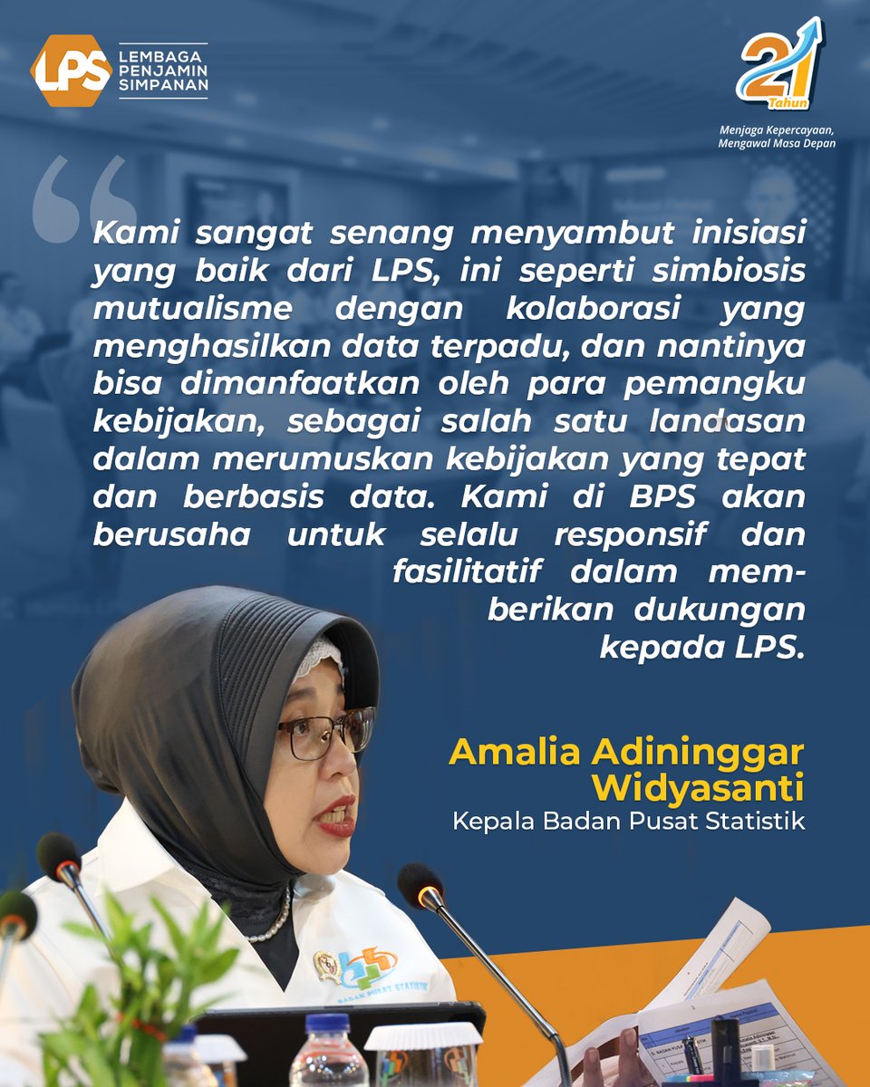 lps_idic's tweet photo. Sahabat LPS, pada tanggal 29 September 2026 telah dilaksanakan penandatanganan Perjanjian Kerja Sama (PKS) antara Lembaga Penjamin Simpanan (LPS) dan Badan Pusat Statistik (BPS).

Penandatanganan tersebut dilakukan untuk mensinergikan data antara kedua lembaga agar menghasilkan data terpadu yang lebih akurat.

Kerja sama ini menjadi langkah strategis untuk memperkuat sinergi dalam mendukung ketersediaan data yang berkualitas bagi pelaksanaan tugas dan pengambilan kebijakan.

Penandatanganan PKS dilakukan oleh Bapak K.M. Nuruddin selaku Direktur Eksekutif Kesekretariatan dan Hubungan Lembaga LPS dan Bapak Zulkipli selaku Sekretaris Utama BPS yang disaksikan langsung oleh Bapak Anggito Abimanyu, Ketua Dewan Komisioner LPS dan Ibu Amalia Adininggar Widyasanti, Kepala BPS.

#LPSIndonesia #AyoNabungdiBank #AmanAdaLPS #SahabatNasabahIndonesia