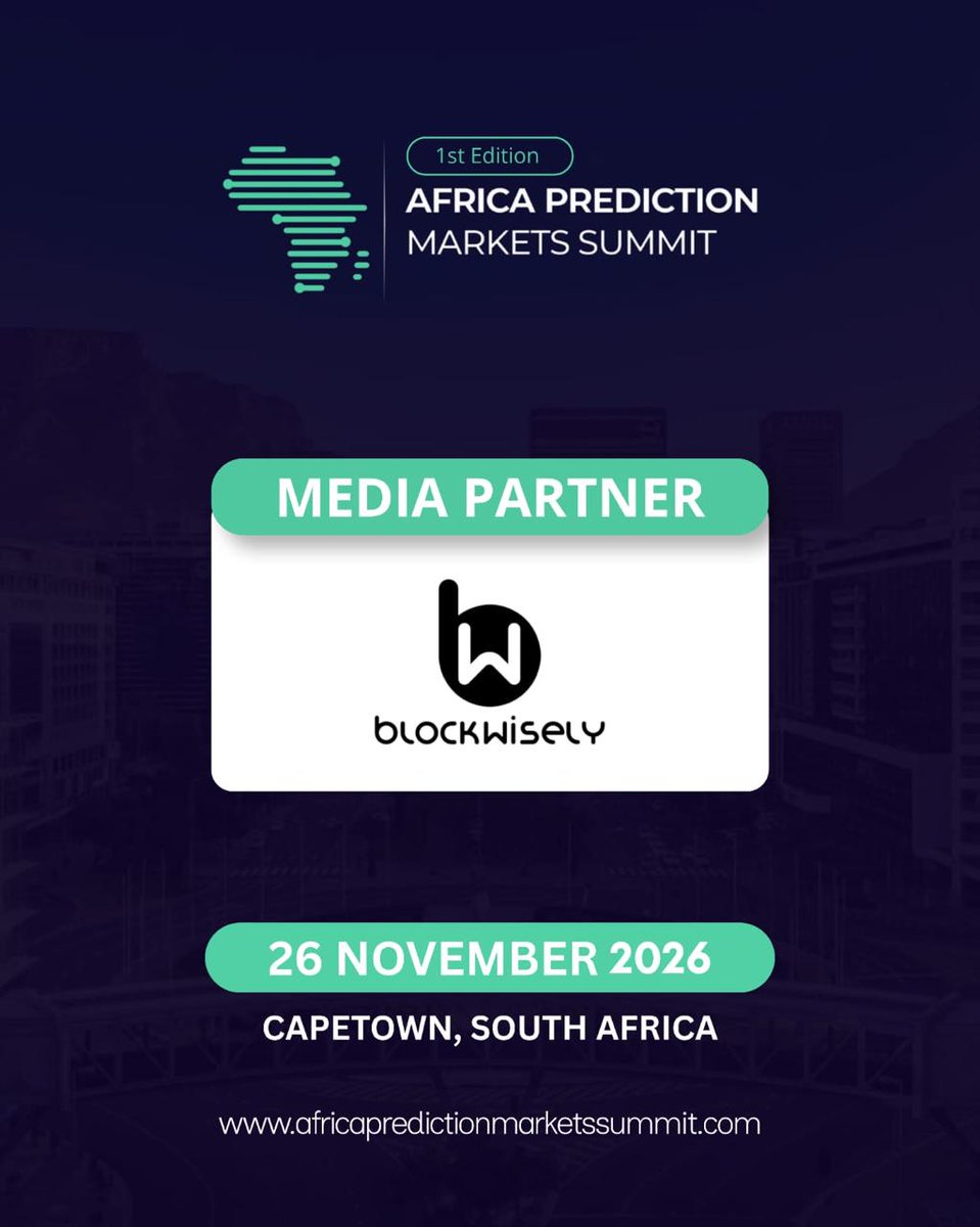 Africapms's tweet photo. We are thrilled to announce @Blockwisely as an Official Media Partner for the 1st Edition of the Africa Prediction Markets Summit (APMS 2026)! https://t.co/0Bcys5XCGh